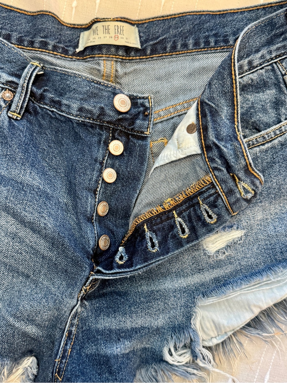 We The Free Dark Blue Distressed Denim Frayed Hem Daisy Duke Shorts - Picture 2 of 5